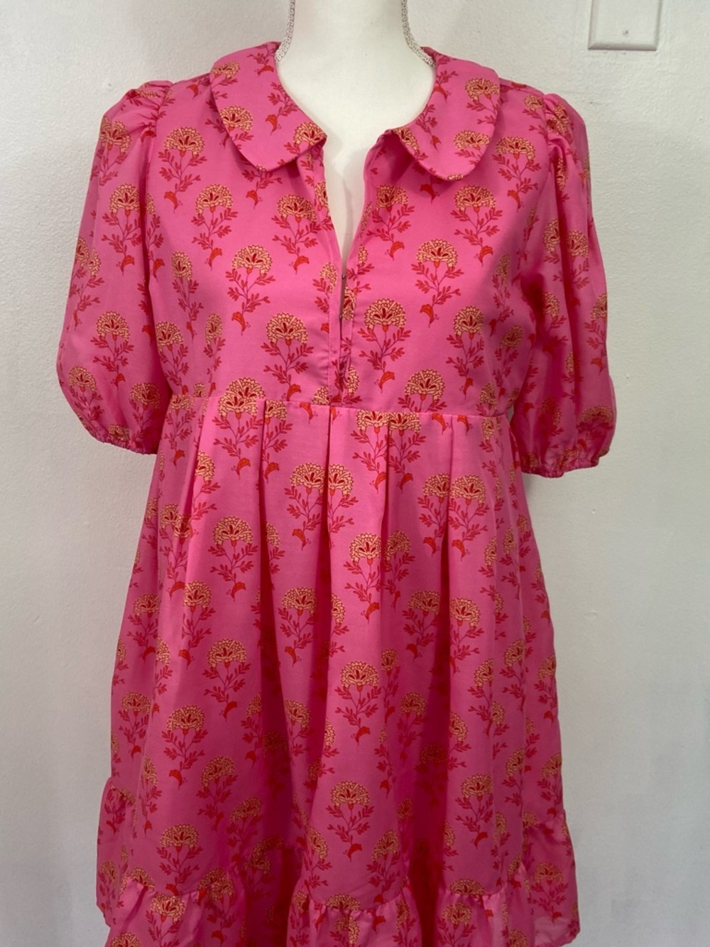 J. Marie Ella Ann Split Neck Peter Pan Collared Dress Pink Floral Tiered Medium - Picture 2 of 10